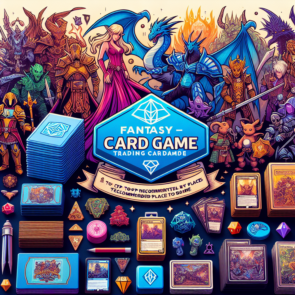 Illustration of a fantasy card game with various mythical creatures and characters around a selection of game cards, tokens, and accessories.