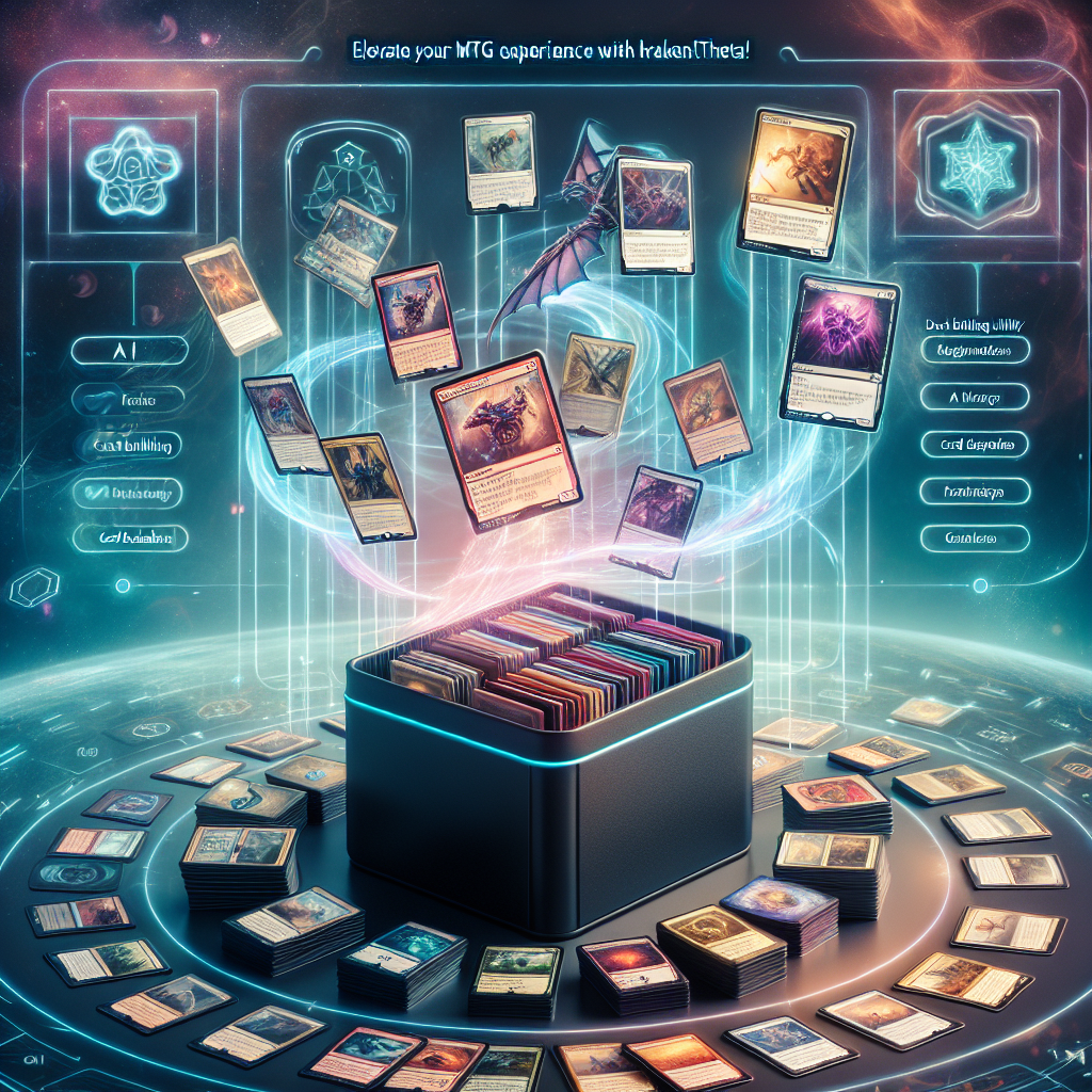 A futuristic depiction of a Magic: The Gathering (MTG) card game setup with cards floating above a deck box and a holographic interface.