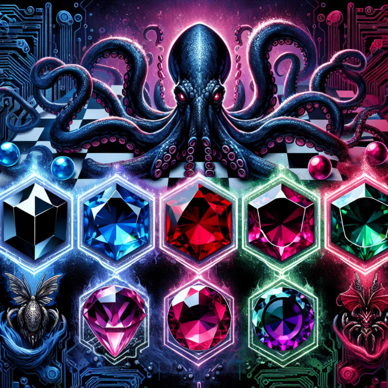 Digital artwork depicting a dark octopus with glowing eyes centered amidst a cosmic setting with various gems and technological elements.