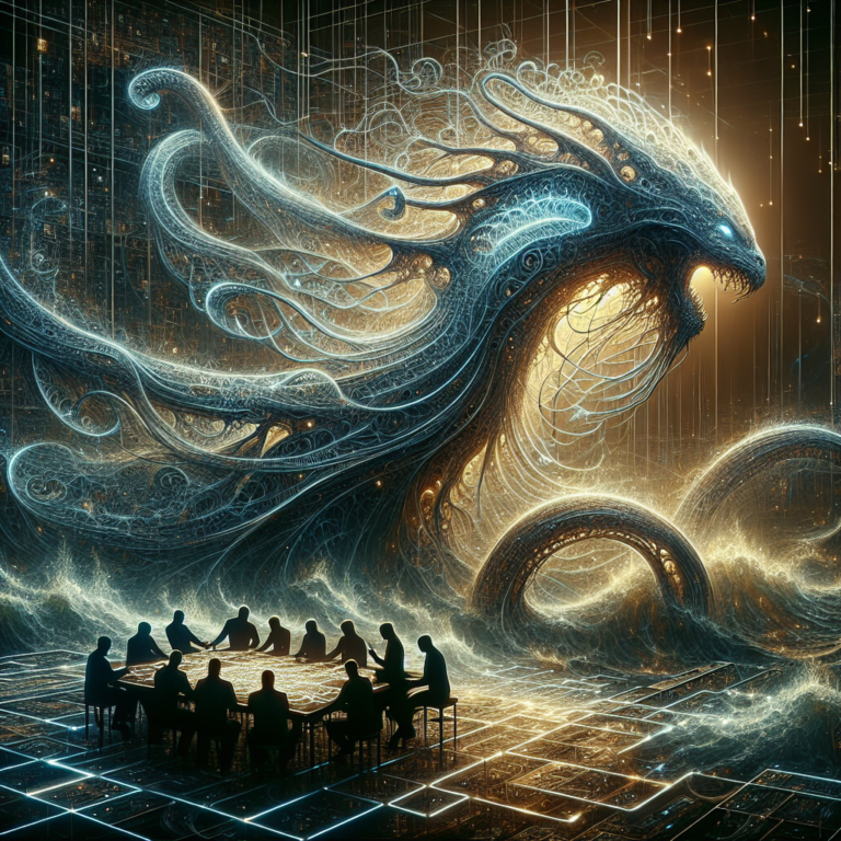 A group of silhouetted figures sitting around a table with an intricate, cosmic dragon-like entity looming above them in an ethereal, futuristic setting.