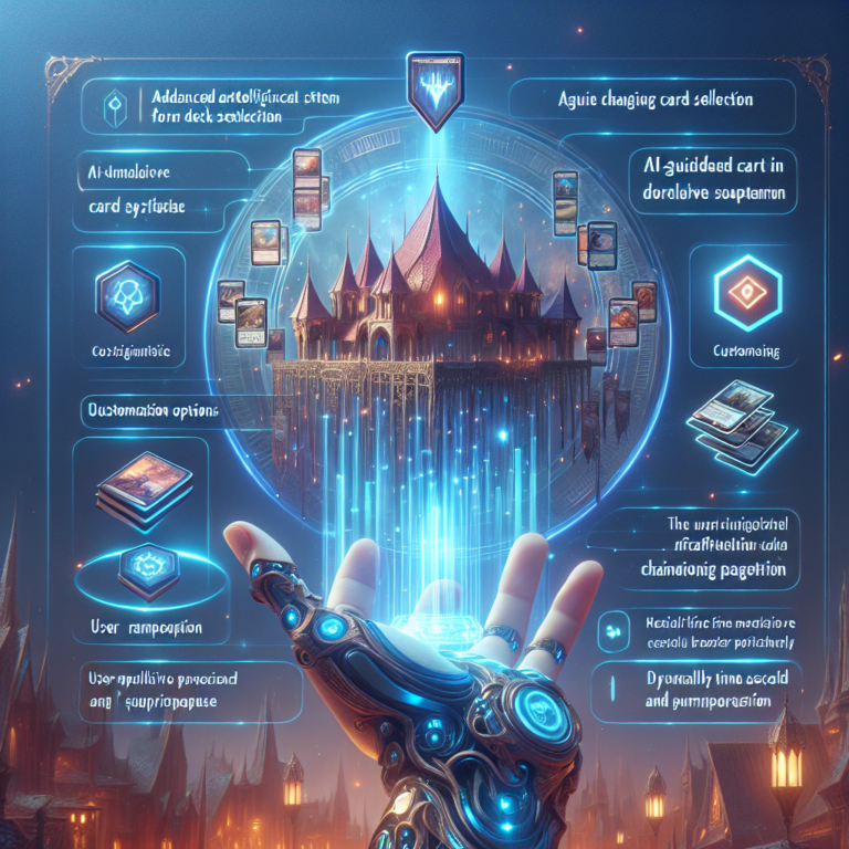 A futuristic robotic hand interacting with a holographic user interface that includes options for customization and AI card selection, set against a backdrop of a fantastical castle and cascading data streams.