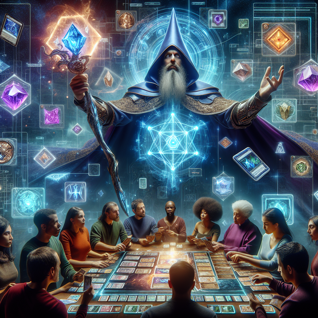 A group of diverse people engaged in a board game with a fantastical wizard conjuring digital holograms above the game table.