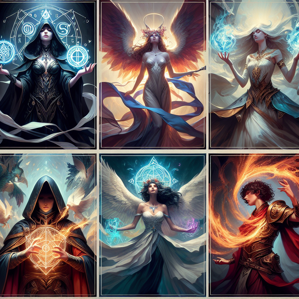 A collage of six fantasy character illustrations, each depicting a figure surrounded by magical elements and symbols.