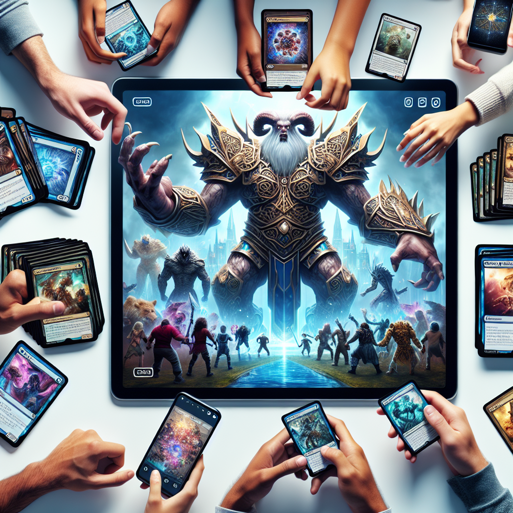 A group of hands around a table, each holding various cards and mobile devices with fantasy game imagery, all are focused on a central tablet displaying an armored mystical creature leading a charge of warriors.