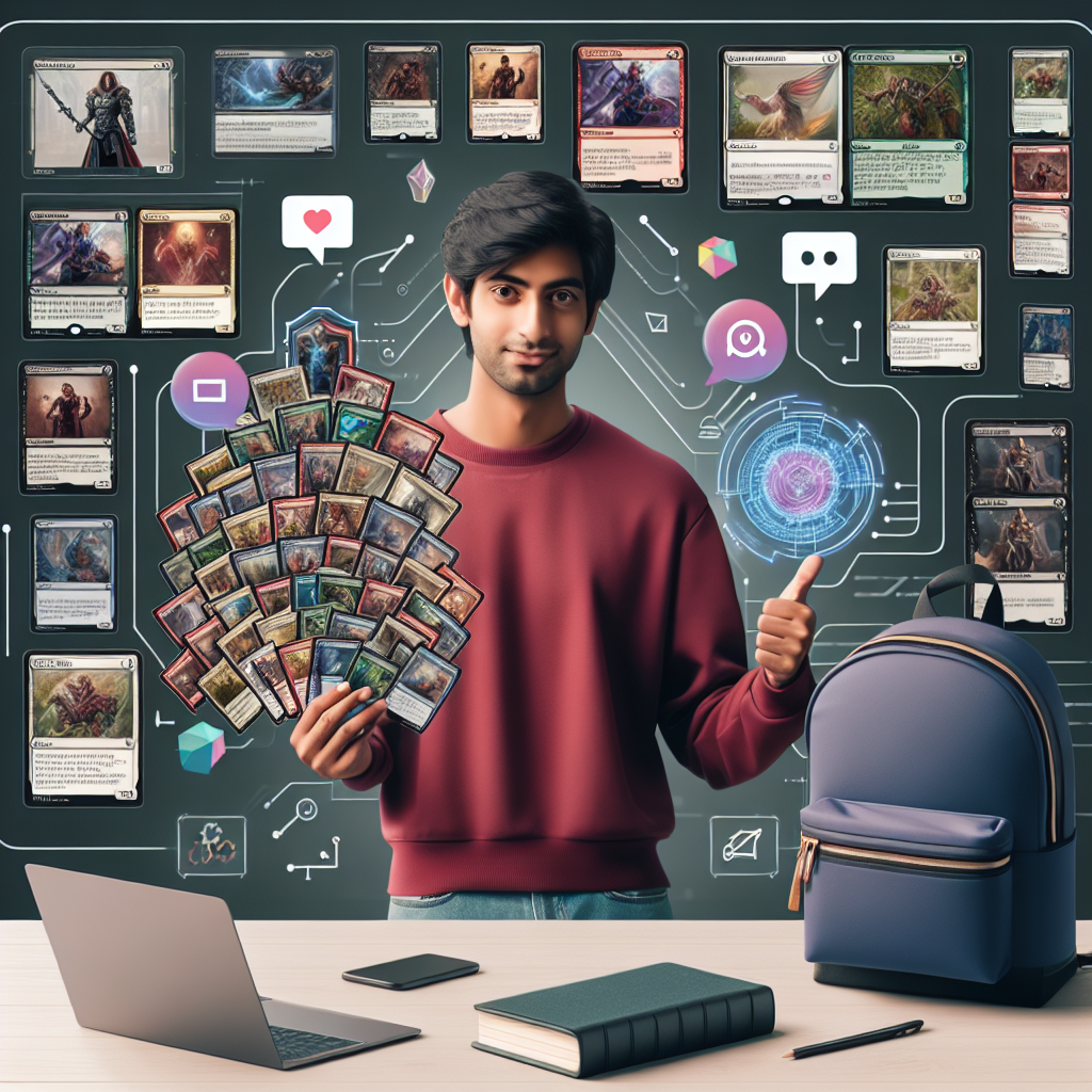 A young person showcasing an array of colorful playing cards while digital holographic elements float in the background.