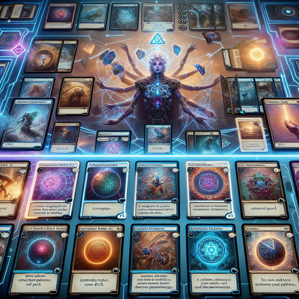 A digitally illustrated image combining elements of fantasy and card game aesthetics depicting a central figure surrounded by various illustrated cards with intricate designs.