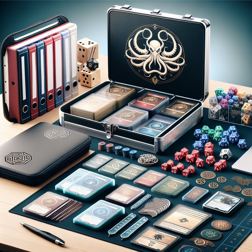 A well-organized tabletop gaming setup with various card decks in a case decorated with an octopus motif, multiple dice sets, tokens, and notebooks on a wooden surface.