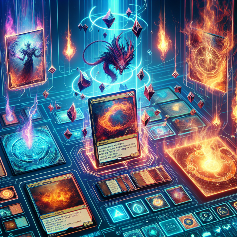 A vibrant digital artwork depicting a fantasy card game with glowing, holographic cards and elements floating against a neon circuit-board background.