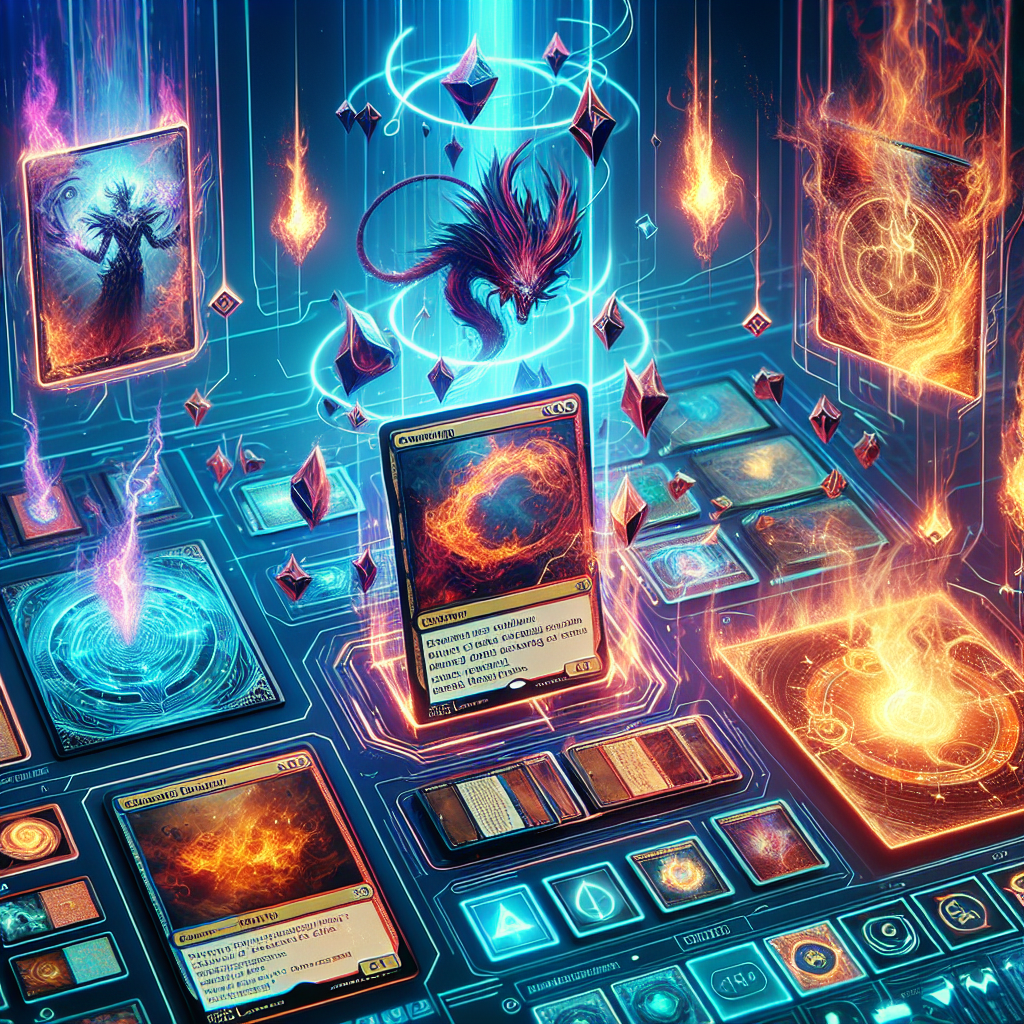 A vibrant digital artwork depicting a fantasy card game with glowing, holographic cards and elements floating against a neon circuit-board background.