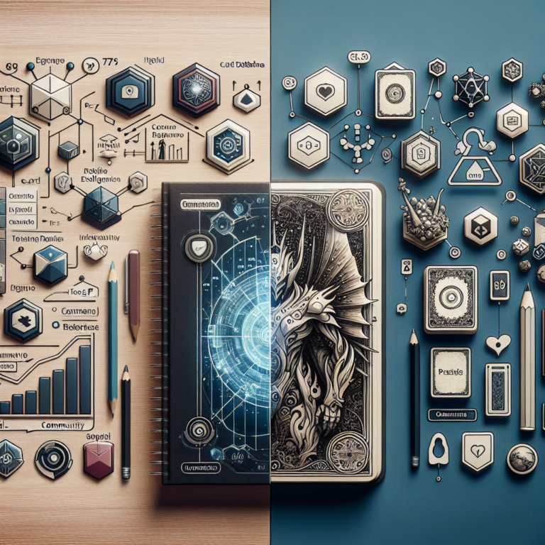 Two detailed conceptual artworks presented side-by-side. The left image features a notebook with a technological blueprint design and various hexagon-shaped icons with scientific symbols. The right image showcases a notebook with an intricate black and white illustration of a mystical creature, surrounded by hexagonal icons with abstract designs and everyday objects like pencils and a ruler.