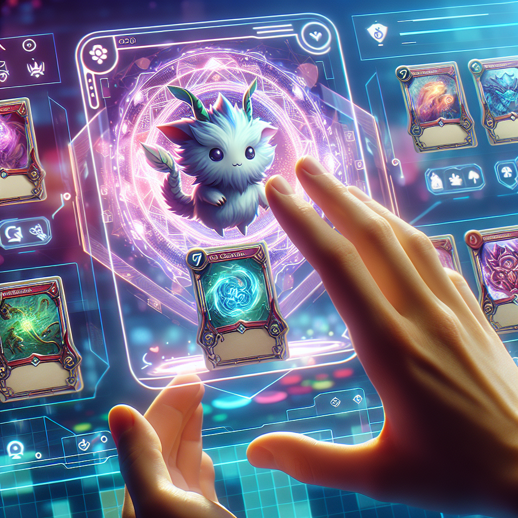 A person interacting with a futuristic holographic interface where a cute, fluffy mythical creature and various digital trading cards are displayed.