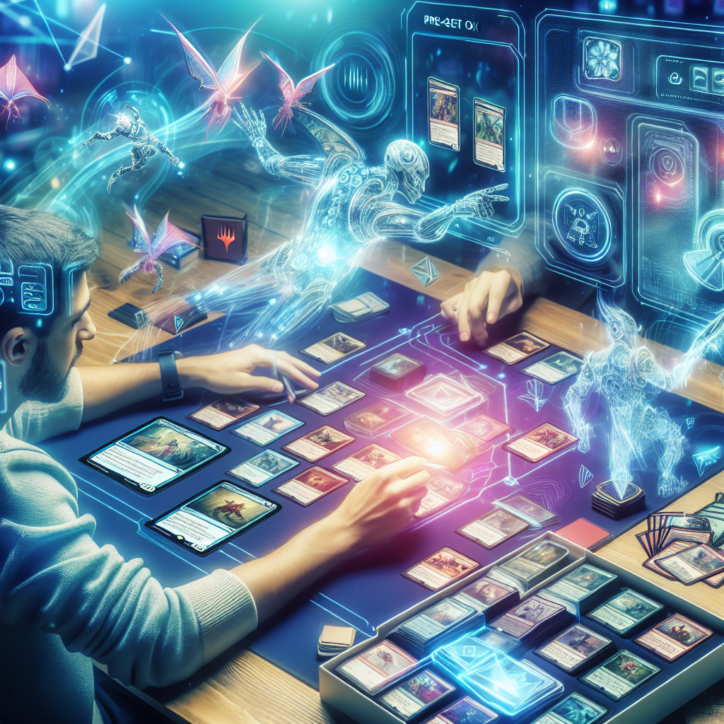 A person playing a futuristic augmented reality card game with holographic creatures and interface elements.