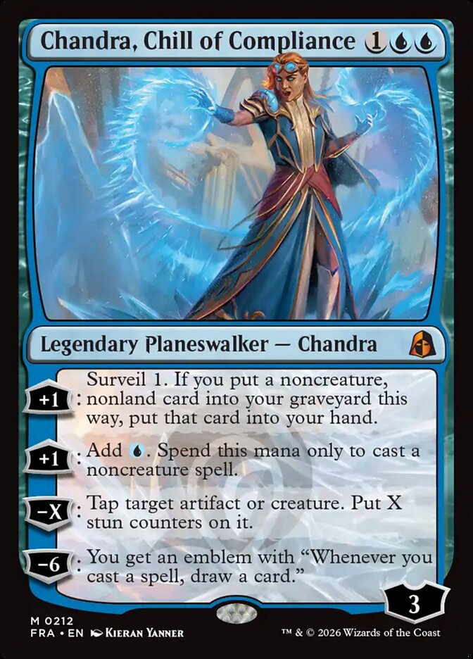 Chandra, Chill of Compliance, a blue Chandra planeswalker from MTG Reality Fracture