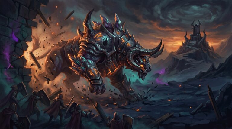 A colossal armored war-beast smashing through a line of shield-bearing defenders — trample in Magic: The Gathering