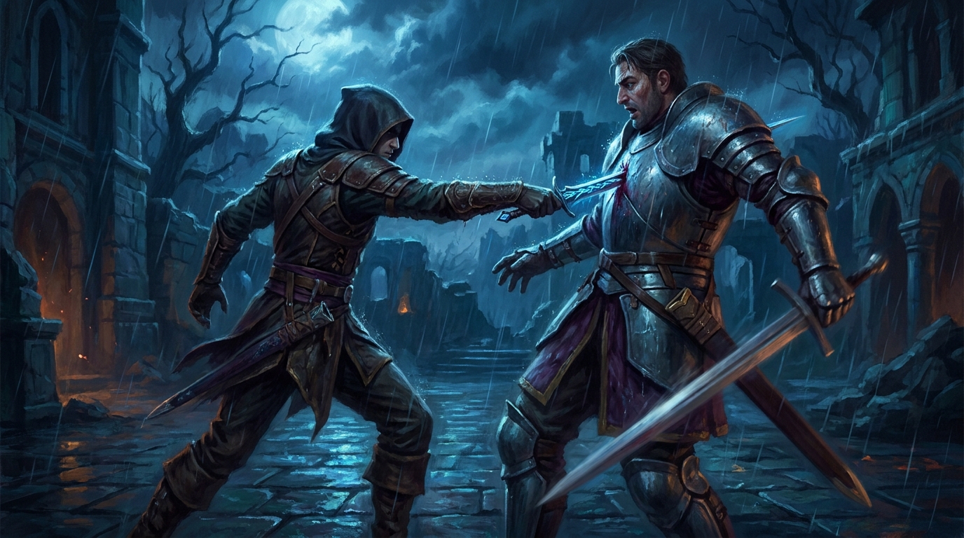 A duelist's blade already through the opponent's guard while the enemy sword is still half-drawn — first strike in MTG