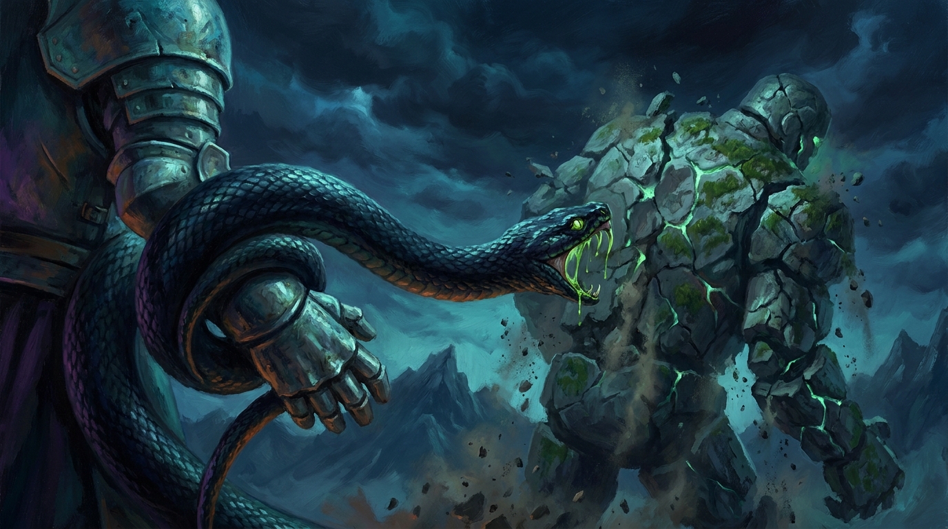 A venomous serpent's fangs cracking apart a far larger stone golem — deathtouch in MTG