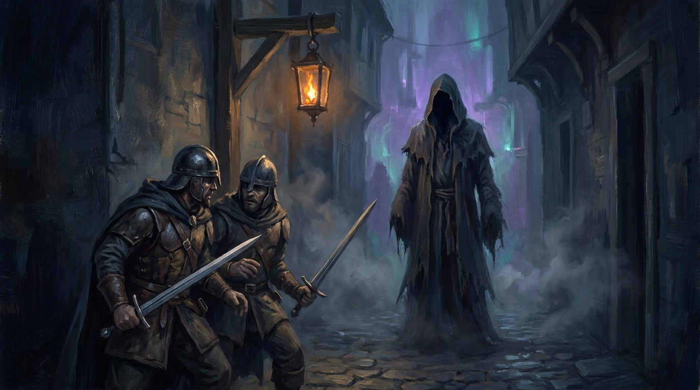 Two guards forced to close in together on one towering hooded figure — menace in MTG