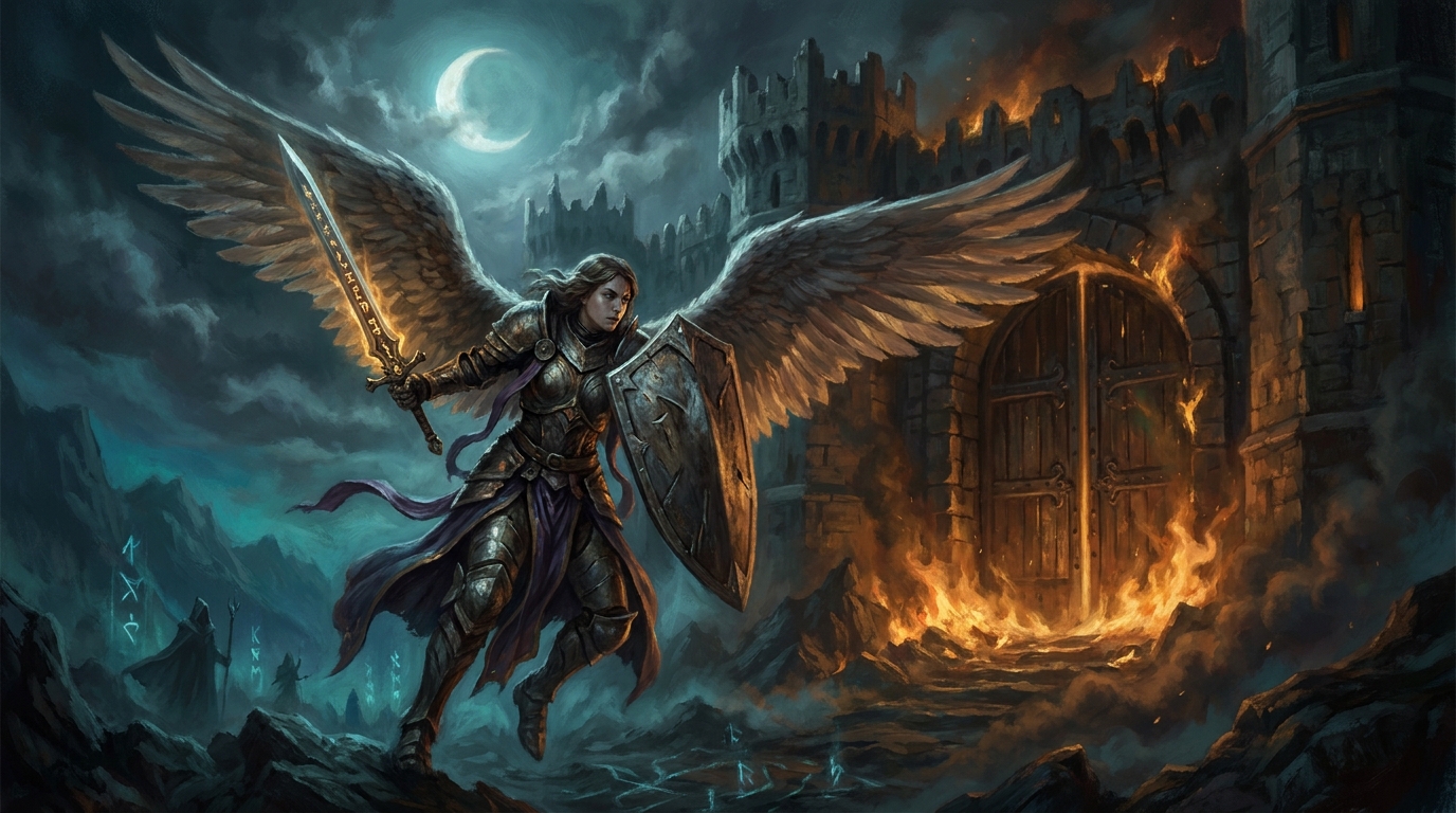 An armored angelic sentinel charging with sword raised while still guarding a citadel gate, illustrating MTG vigilance