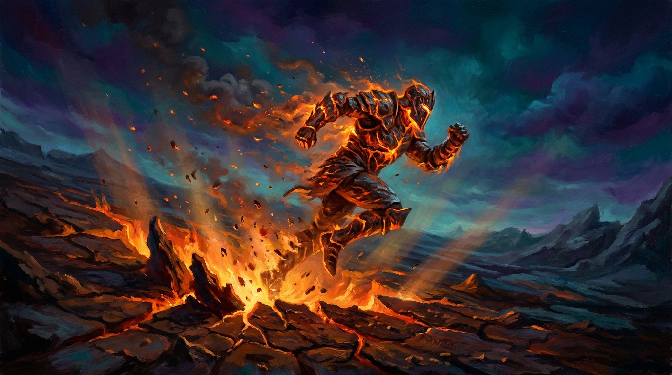 A molten armored warrior erupting from a crack in the earth at a full sprint, illustrating MTG haste