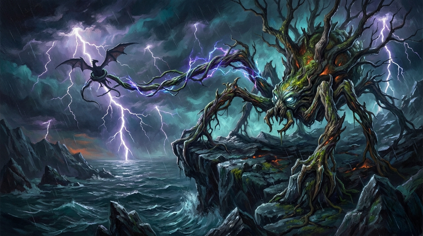 A colossal treefolk spider on a cliff snatching a winged drake from the sky, illustrating MTG reach blocking flying creatures