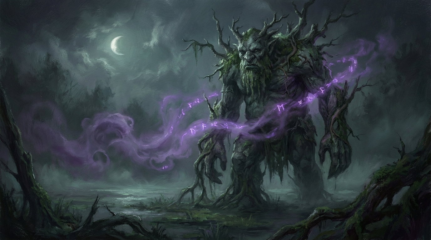 A moss-covered troll standing in a dark bog as targeting magic dissolves before reaching it