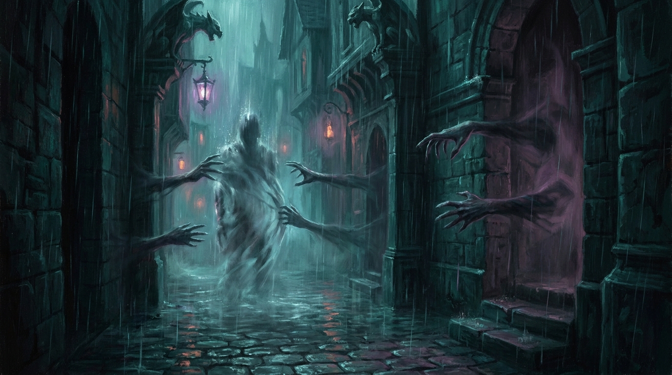 An unseen assassin as a rippling distortion in a rain-soaked alley, shadow hands closing on nothing
