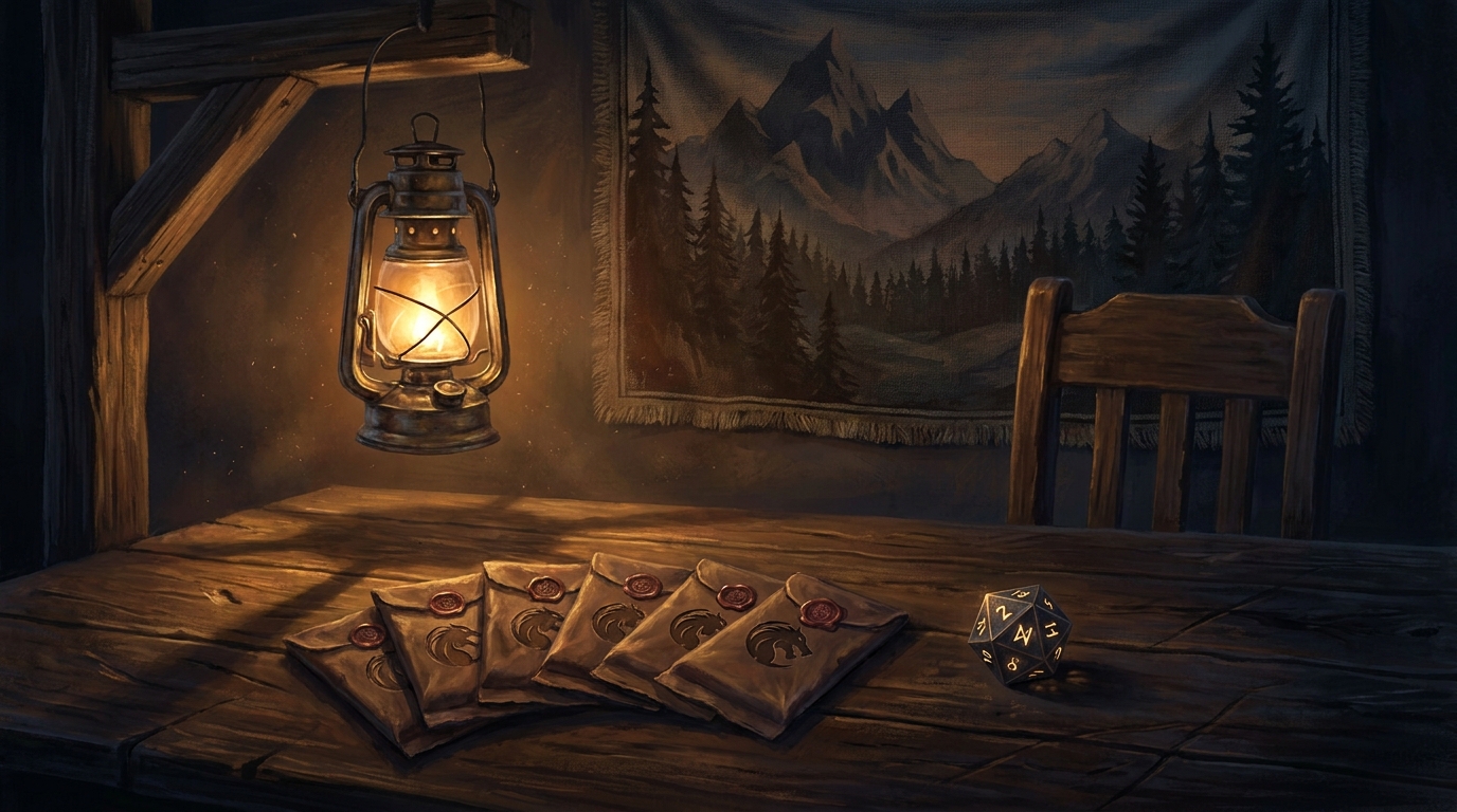 Six unopened Magic booster packs and a spindown life counter on a dark oak table lit by a hanging lantern
