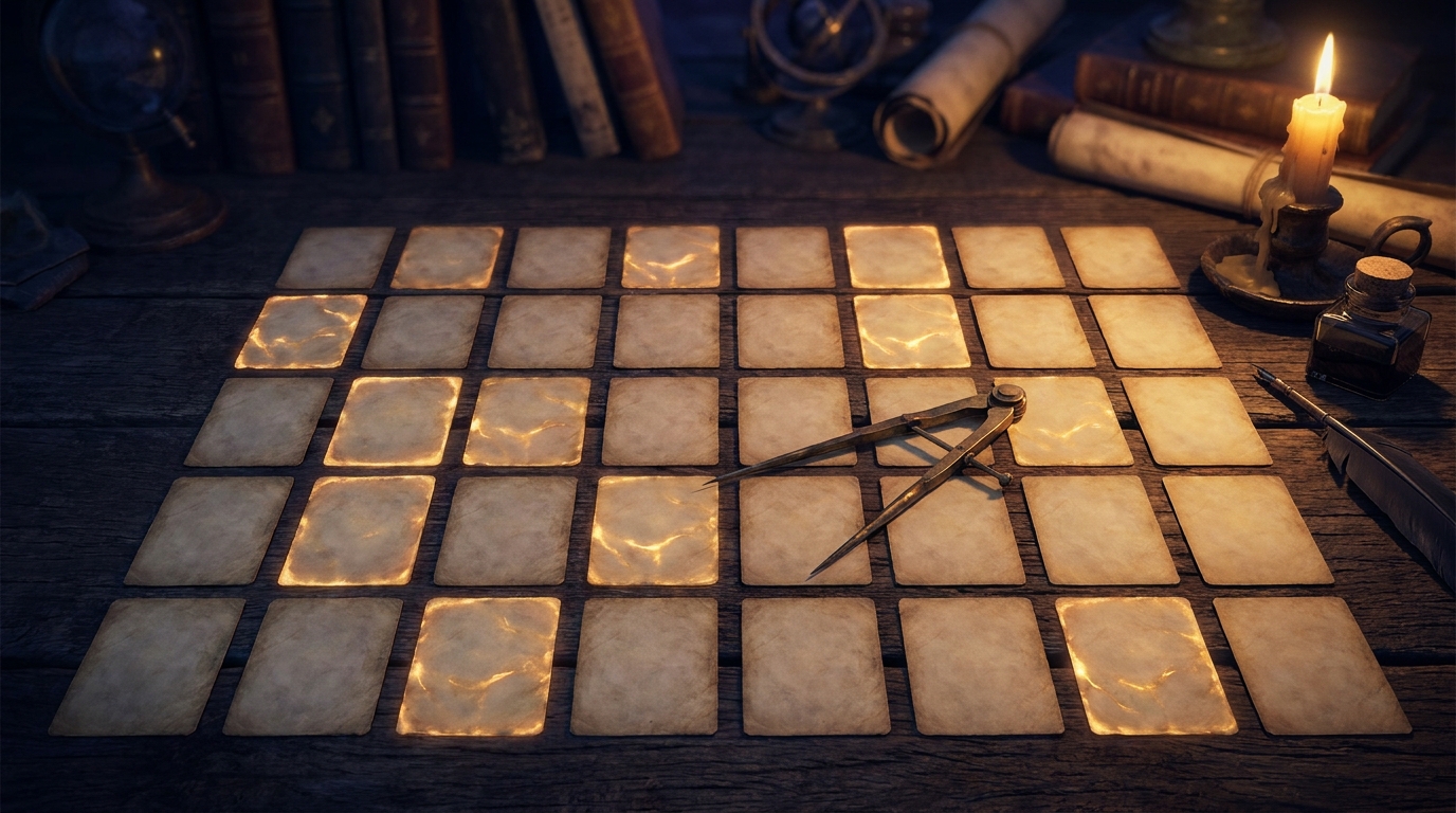 Forty blank cards arranged in a grid on dark wood with seventeen glowing gold, brass dividers resting across them