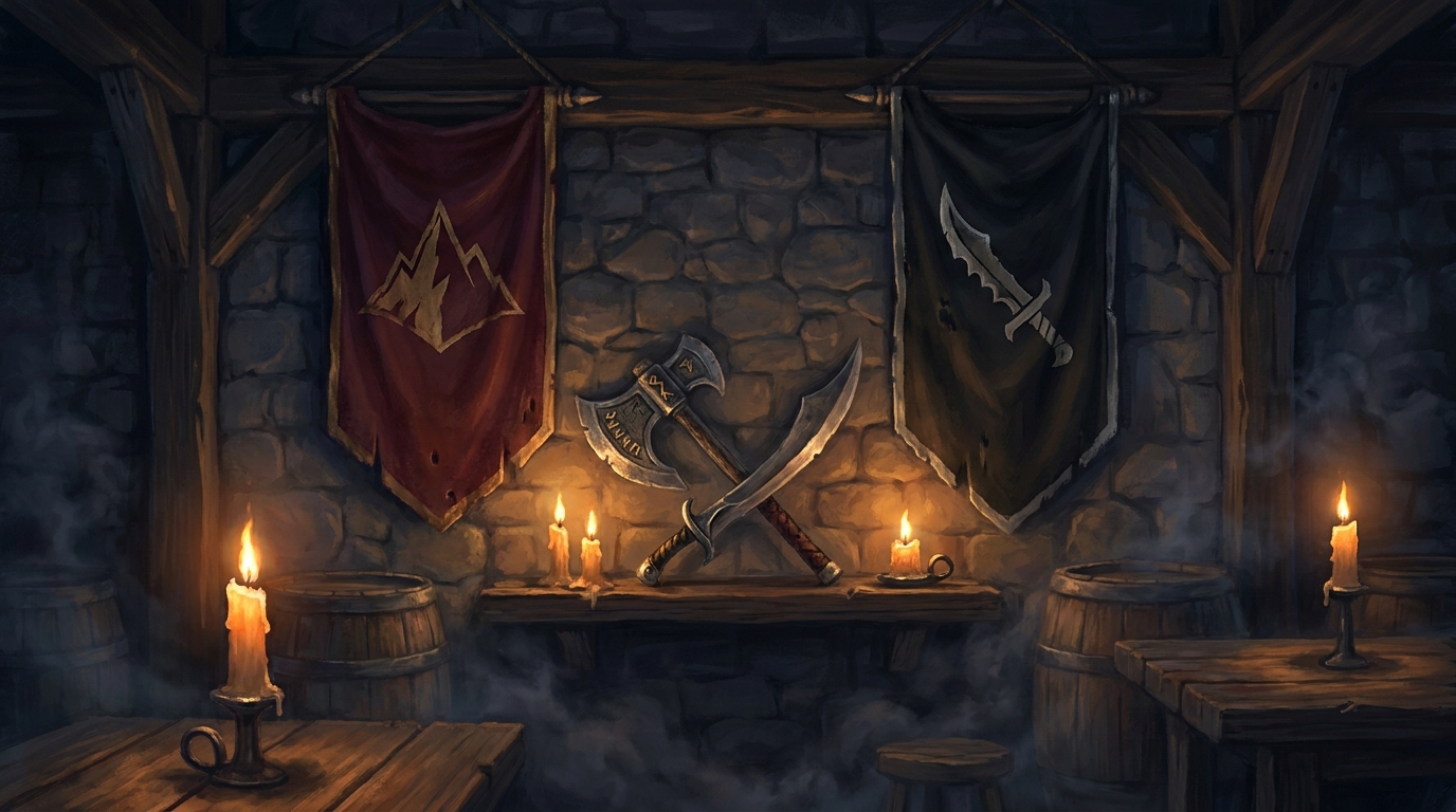 Two war banners on a stone wall, one crimson with a mountain and one black with a crooked blade, an axe and scimitar crossed beneath