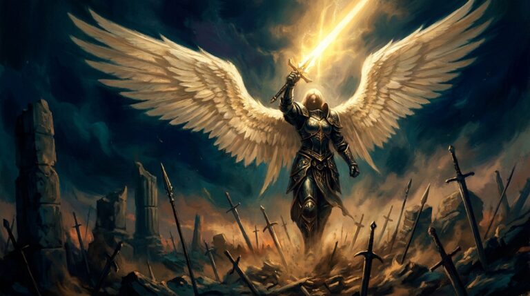 A colossal indestructible angel standing unharmed amid a battlefield of shattered weapons, MTG indestructible guide hero image