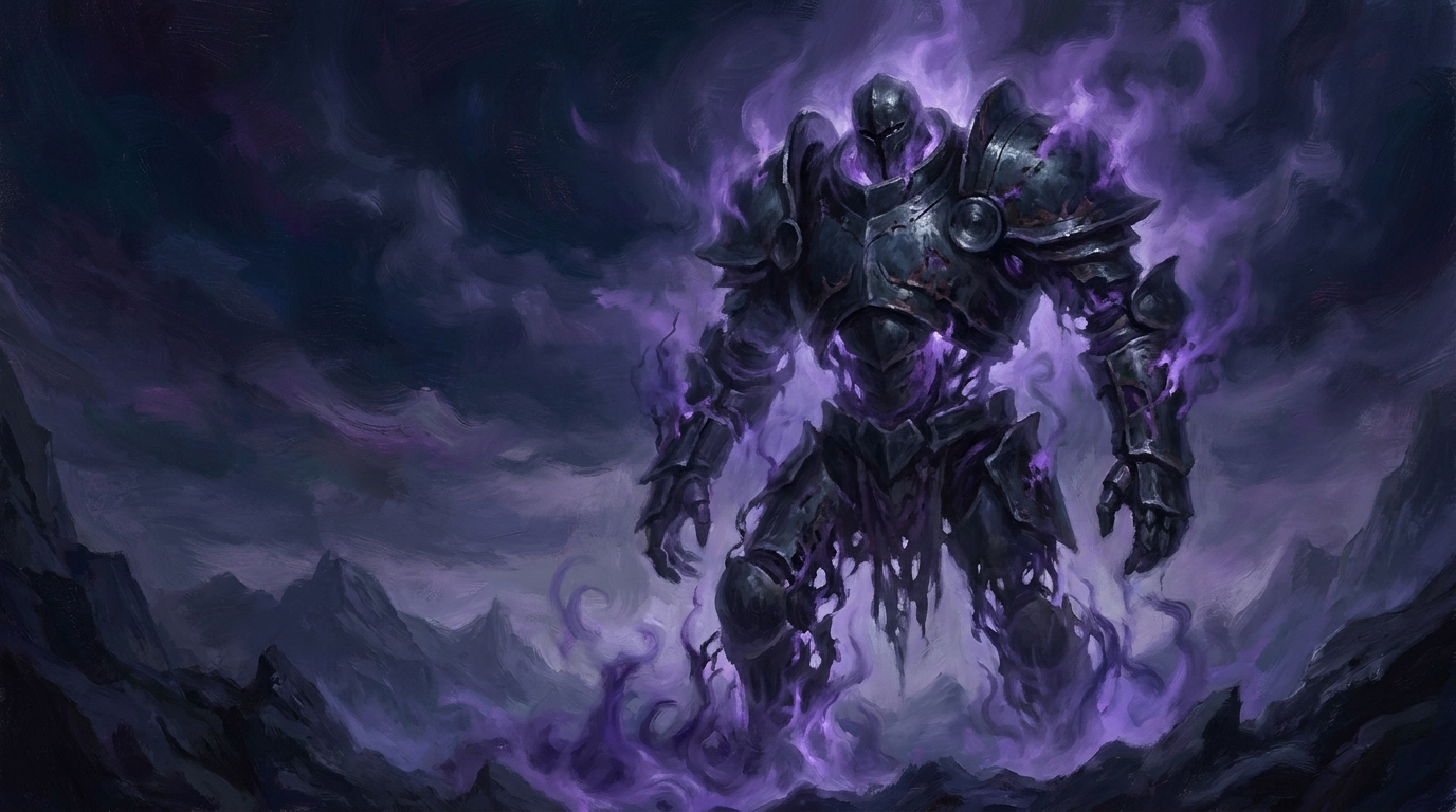 A black steel golem withering away as violet plague-mist dissolves its body, illustrating how -X/-X effects kill indestructible creatures in MTG