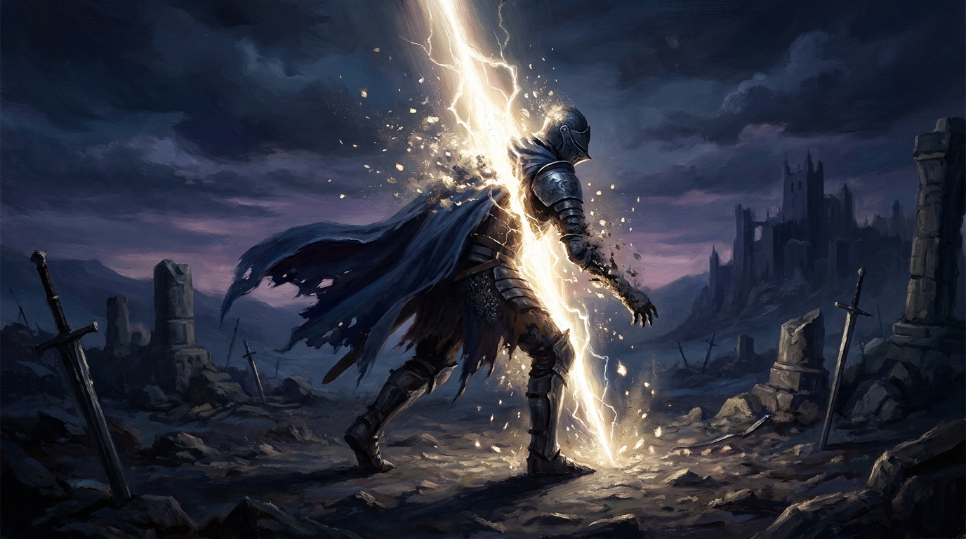 An armoured knight erased mid-stride by a rift of white light, illustrating how exile effects answer indestructible creatures in MTG