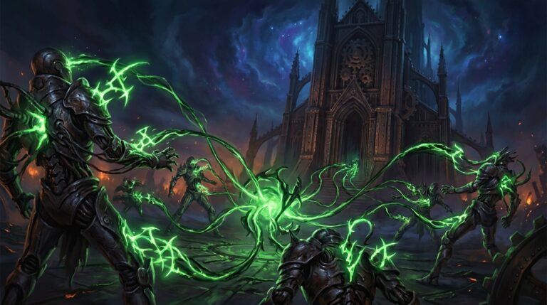 Phyrexian battlefield where glowing green corruption counters multiply and spread from creature to creature