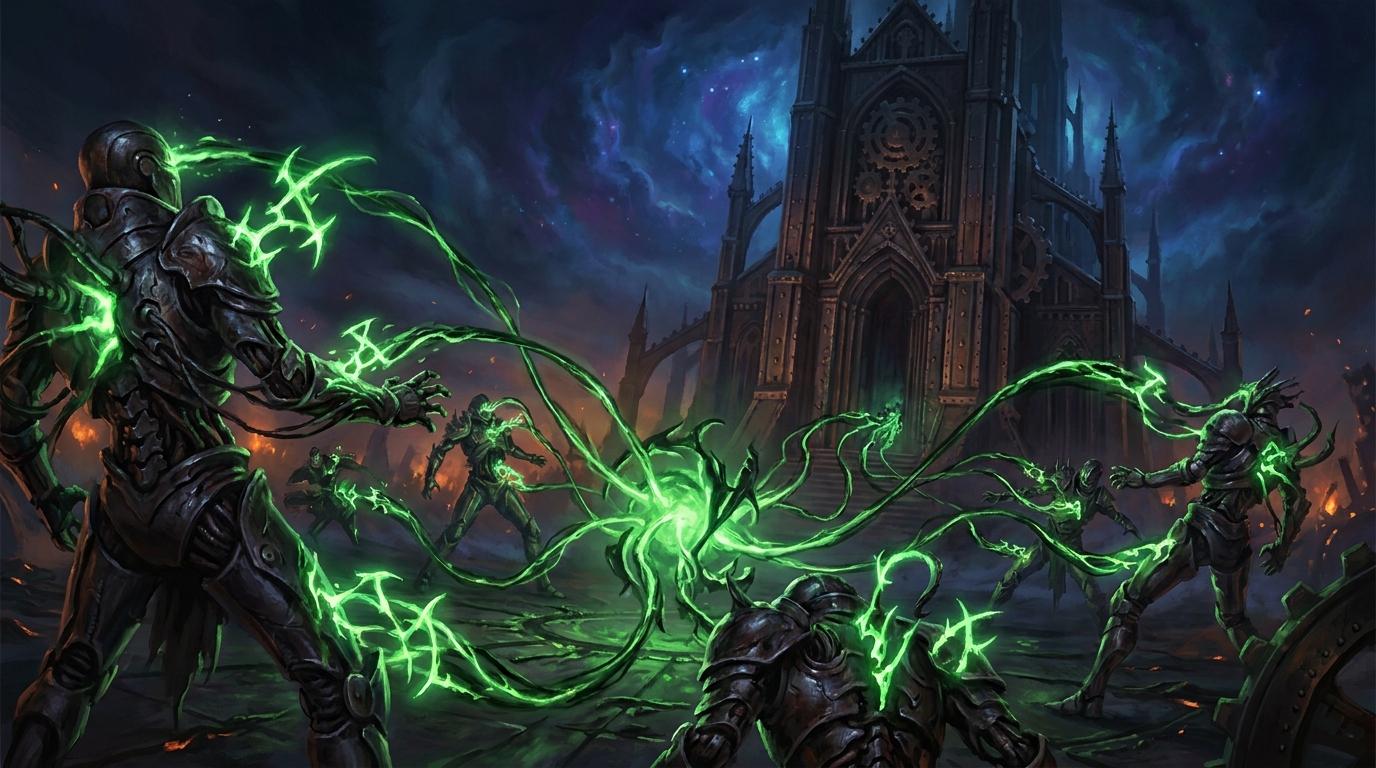 Phyrexian battlefield where glowing green corruption counters multiply and spread from creature to creature