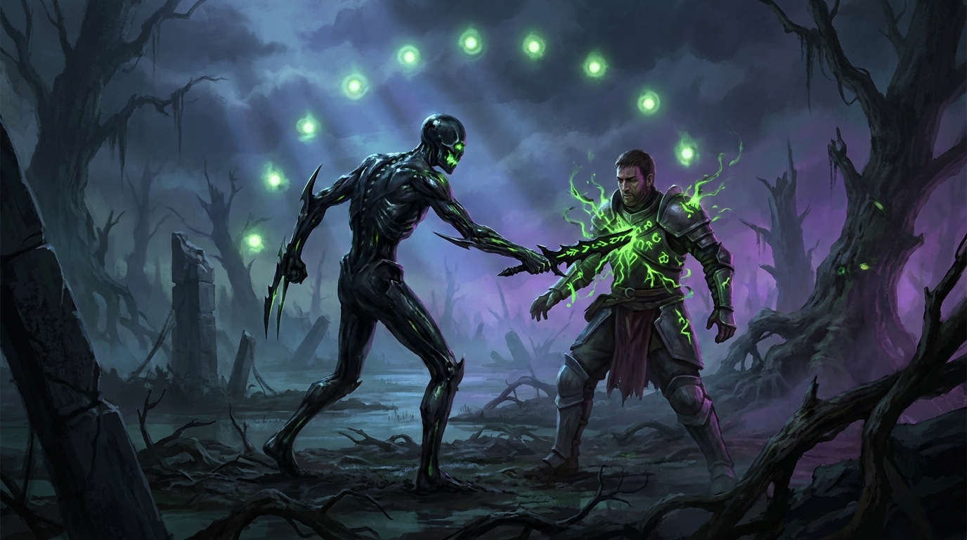 A Phyrexian assassin strikes a warrior and the wound blooms into glowing toxic-green venom sigils
