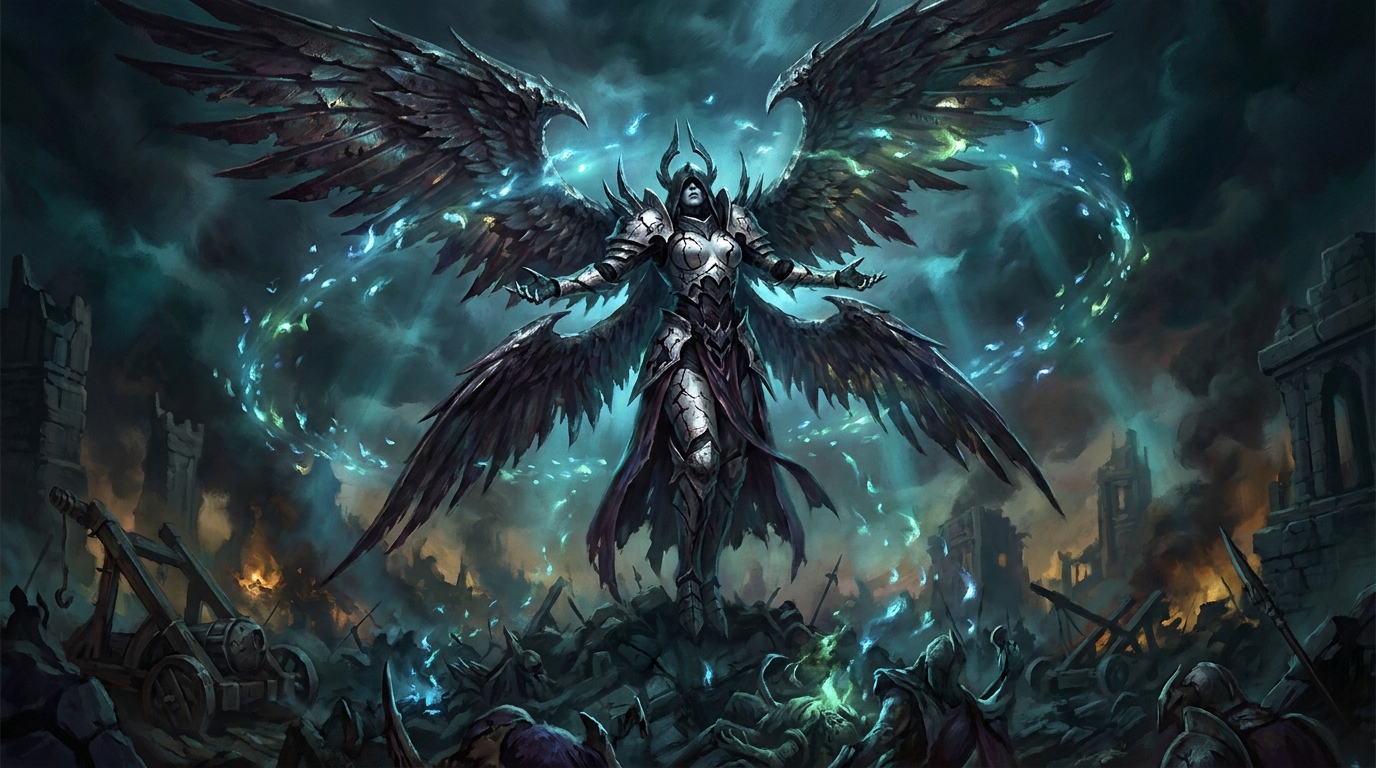 A four-winged Phyrexian angel stands over a battlefield as glowing counters rise from every creature and orbit her