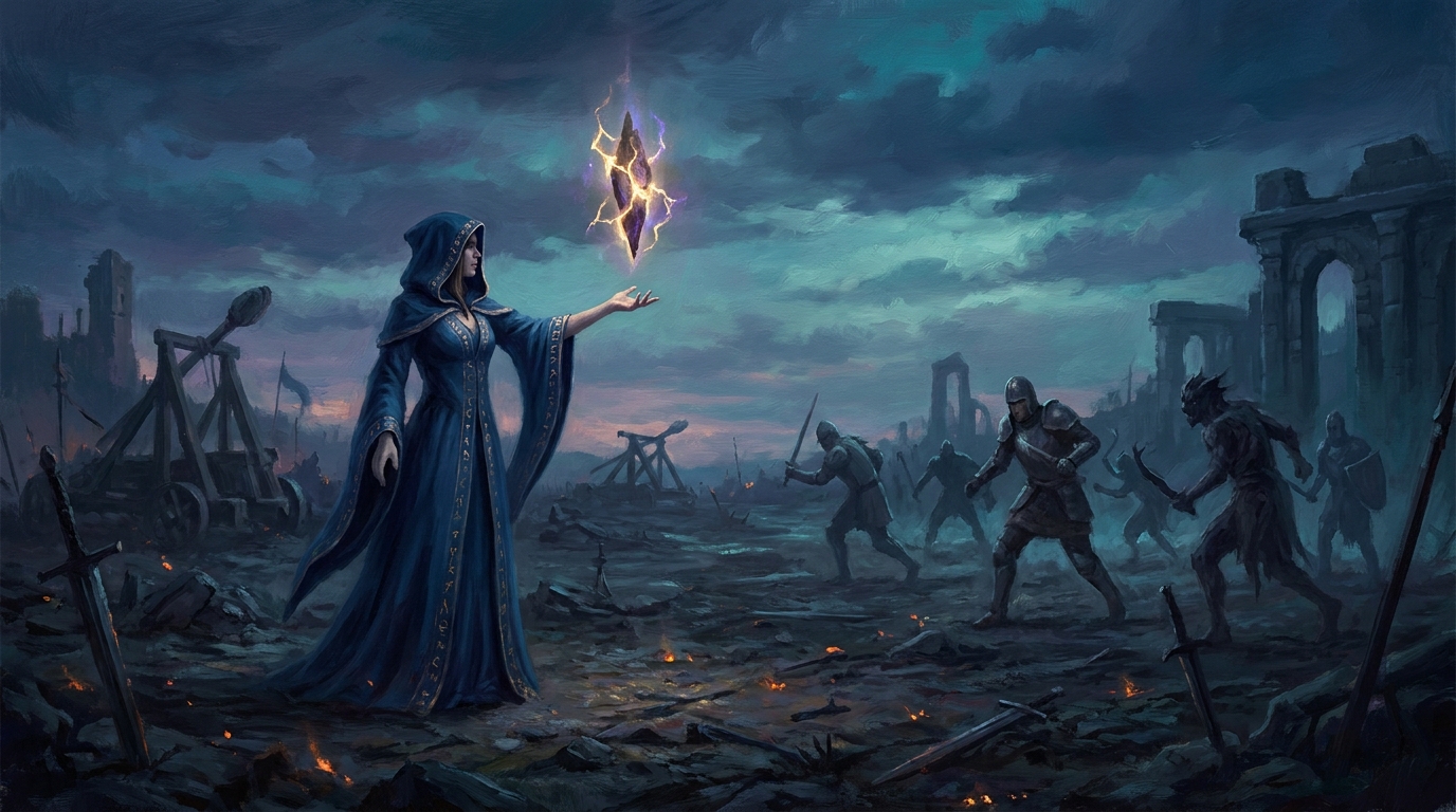 A blue-robed mage frozen mid-gesture with an unfinished spell suspended above her hand