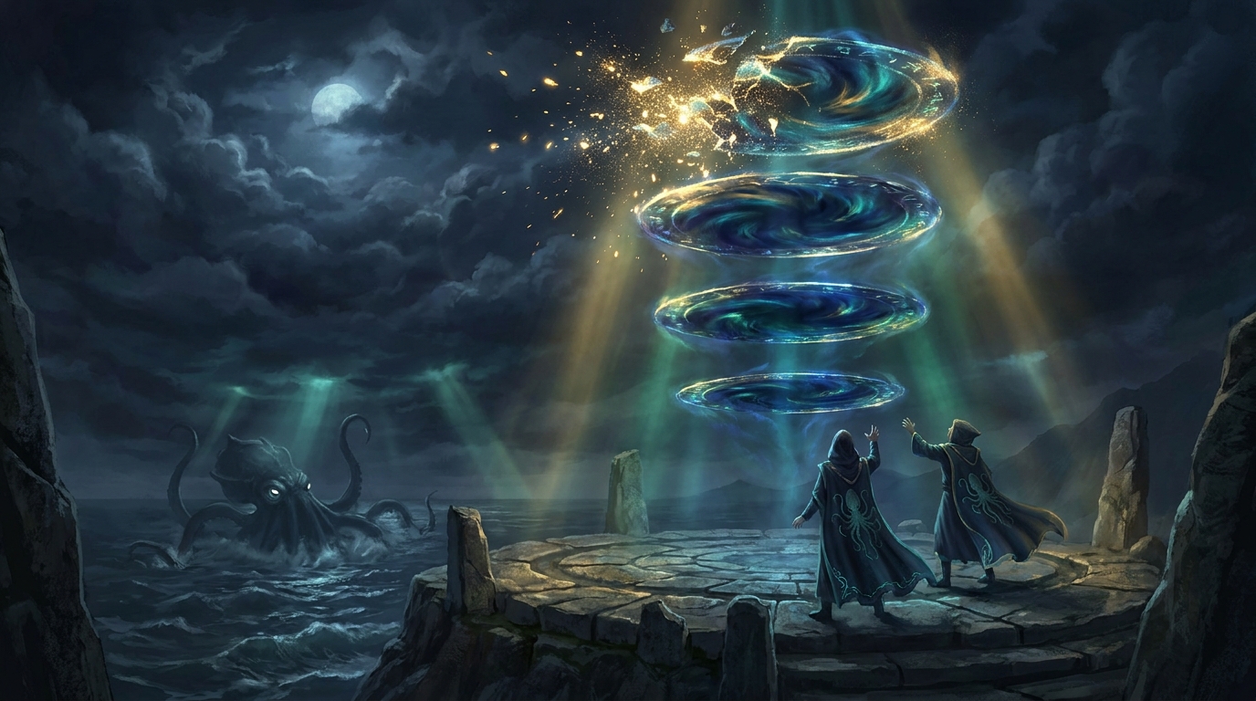 Four glowing rune-plates stacked in the air, the topmost dissolving into sparks while the three below wait