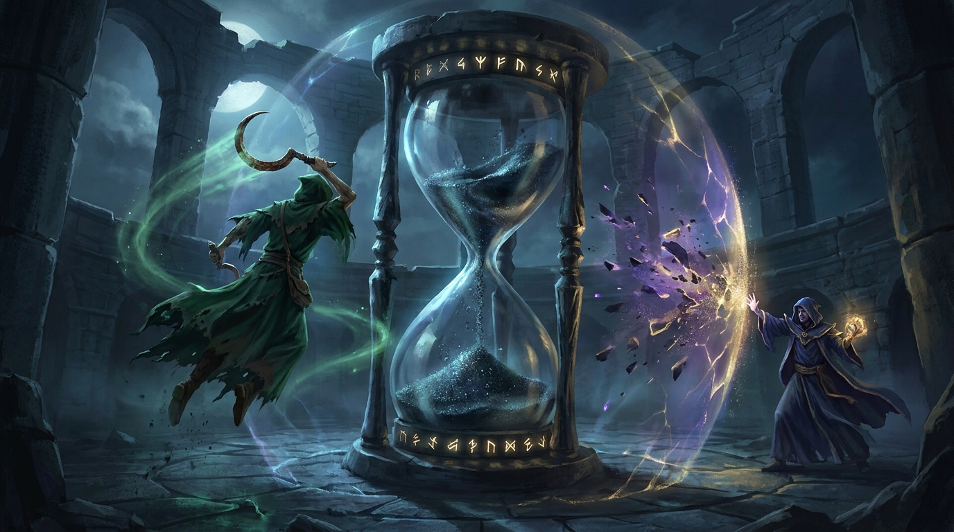 A vast obsidian hourglass with its falling sand frozen in midair as a figure swings a sickle through the grains