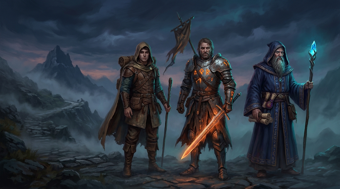 Three different versions of the same adventurer standing together on a mountain road, illustrating that the MTG legend rule keys on card name rather than character