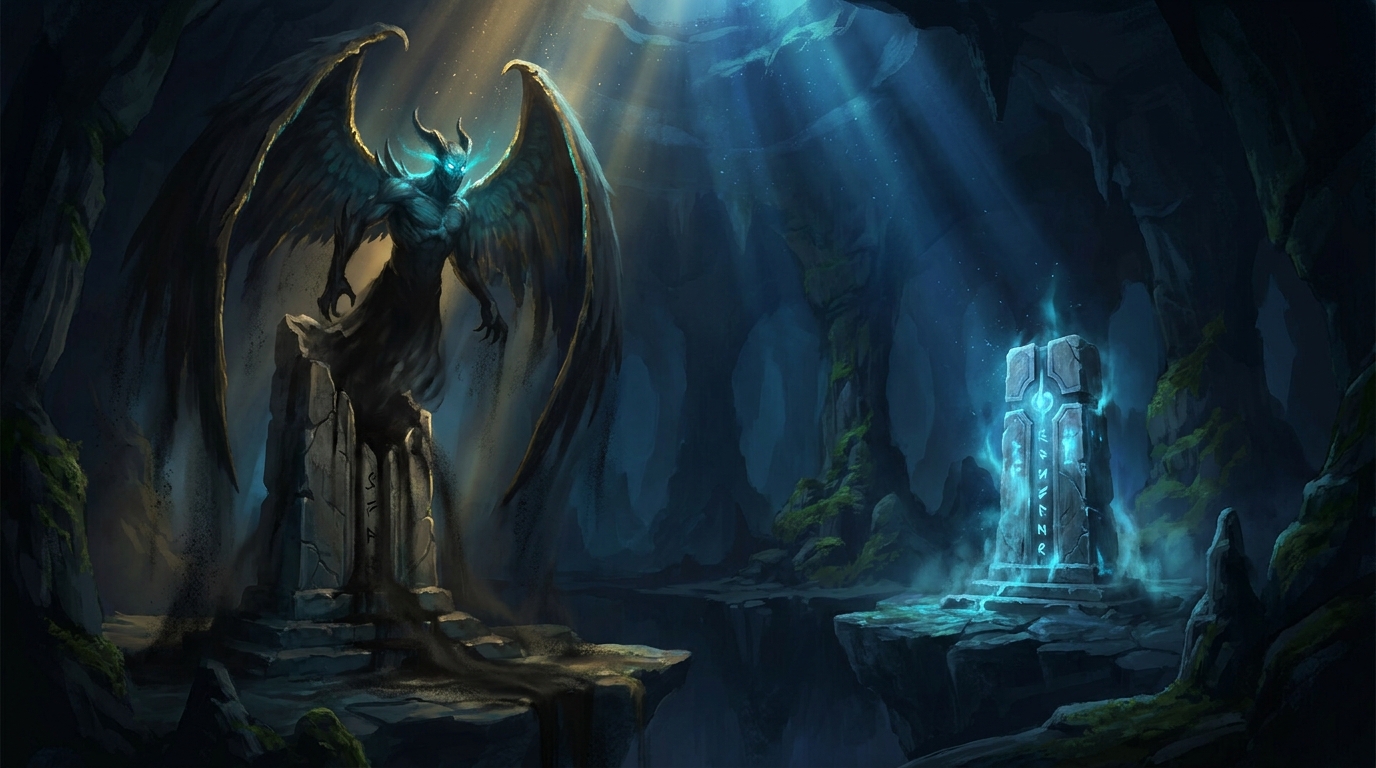Two identical ancient monoliths in a dark cavern, one crumbling as a shadowy avatar rises, illustrating the Dark Depths and Thespian's Stage legend rule combo