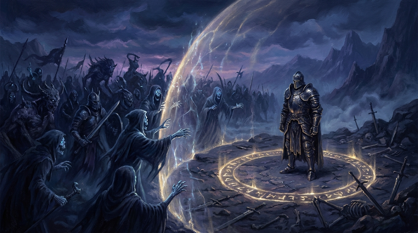 A lone armored figure standing calm inside a warded circle while an army is held back at a shimmering barrier — the pillowfort stax strategy