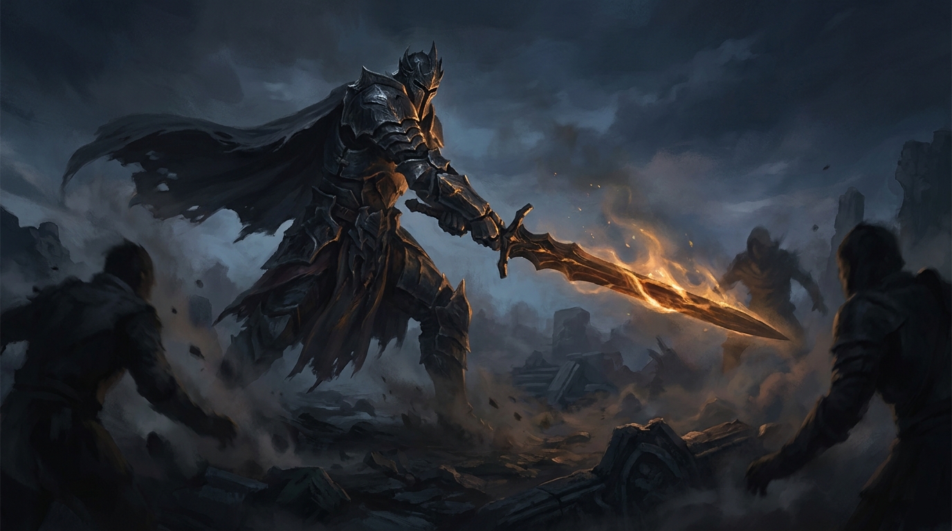 A warlord's blade closing on a defender through battlefield haze — connecting is the hard part of commander damage