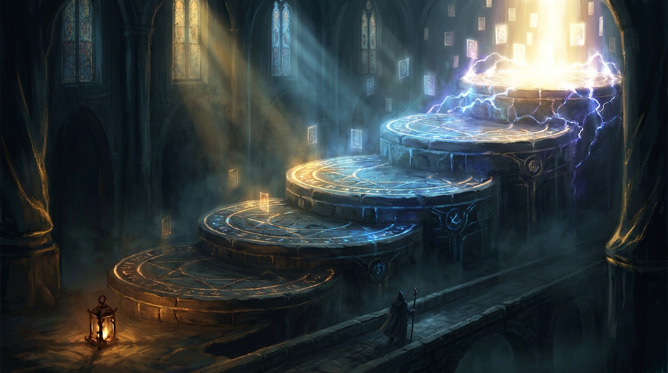 Five ascending stone tiers in a dark cathedral hall, each glowing brighter than the last, representing the five Commander brackets