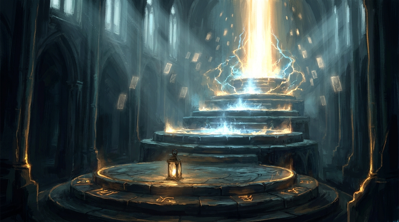 A set of ornate scales weighing a single glowing artifact card against a stack of ordinary cards, in dark fantasy style