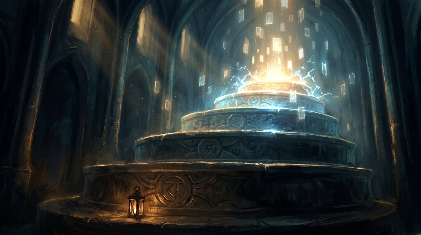 A vaulted stone chamber with rows of glowing card-shaped alcoves, most of them dark and a few burning bright gold