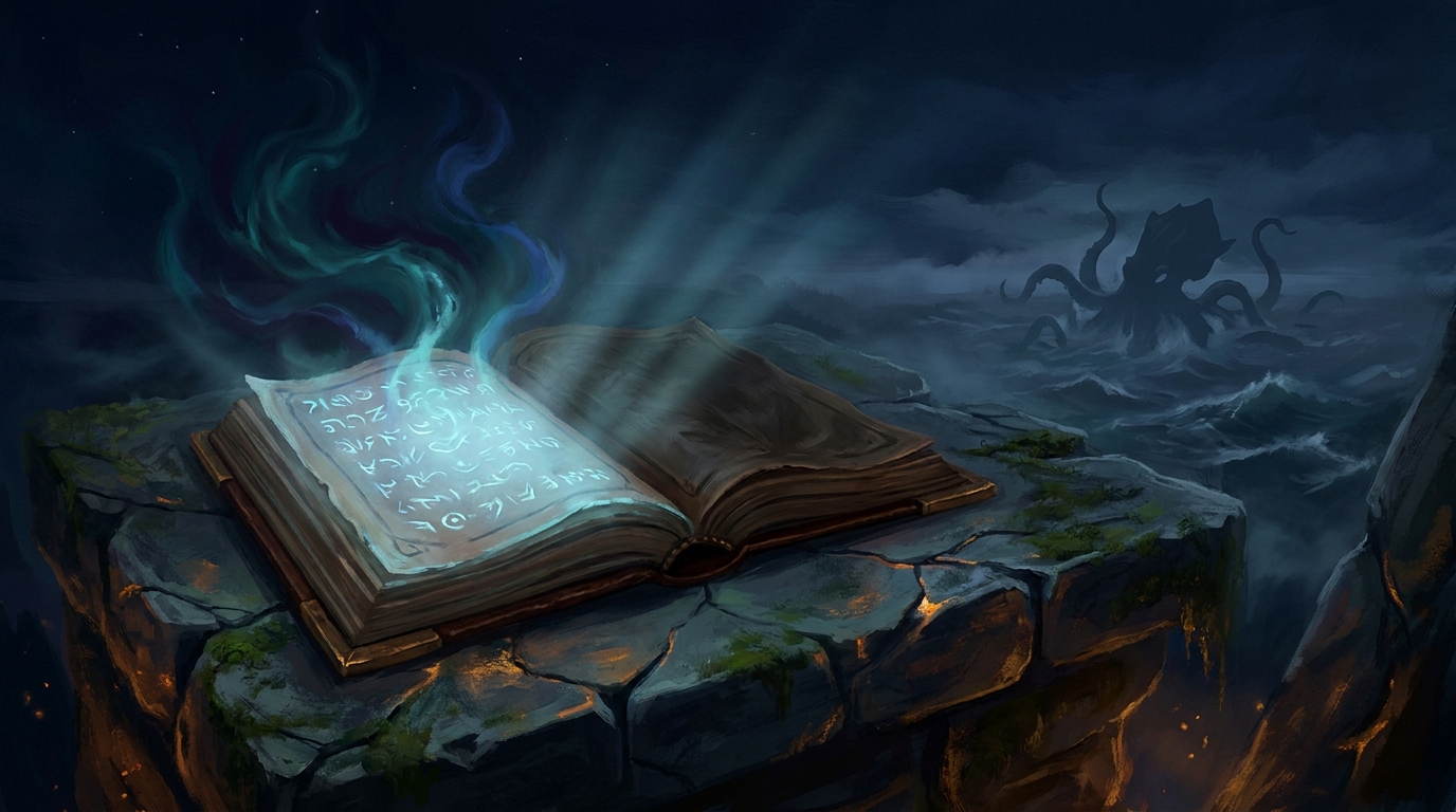 One book, two pages: the left page lit with arcane light and the right page dark, illustrating an Adventure card's two halves