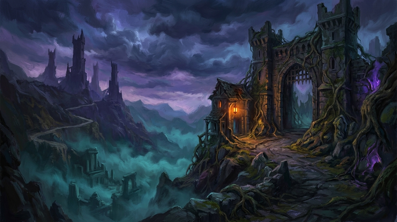 A distant city gate at dusk with five towers, illustrating the Town land cycle
