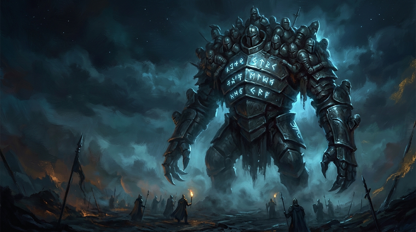 A colossal armored war-construct assembled from fused bodies with glowing rune sigils along its chest plates