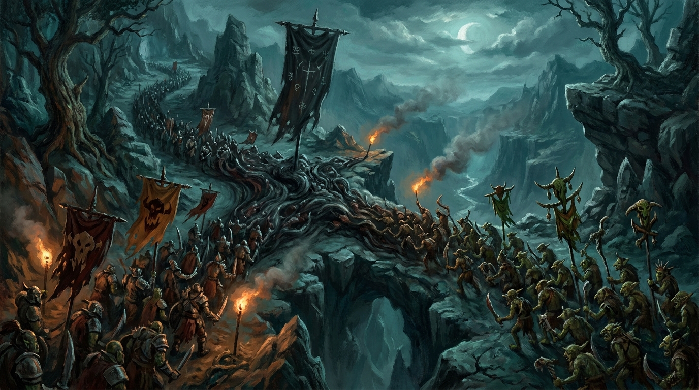Orc and goblin war columns merging into a single dark standard in a moonlit ravine